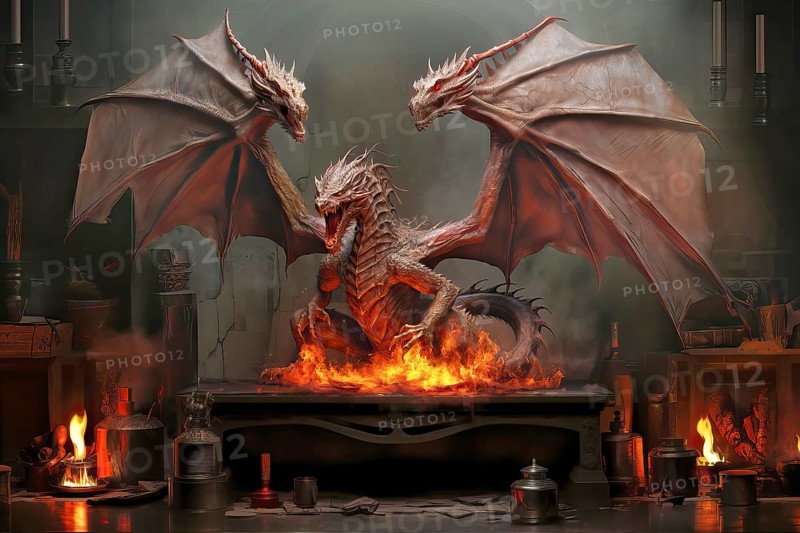 Fire breathing dragon with big open wings, claws and fangs, AI Generated, AI generated