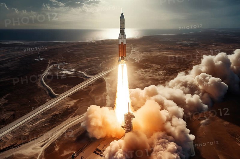 Aerial view of a rocket launch at sunrise sunset over an ocean coast. The rocket is blasting off with a trail of smoke and flames behind it, AI generated
