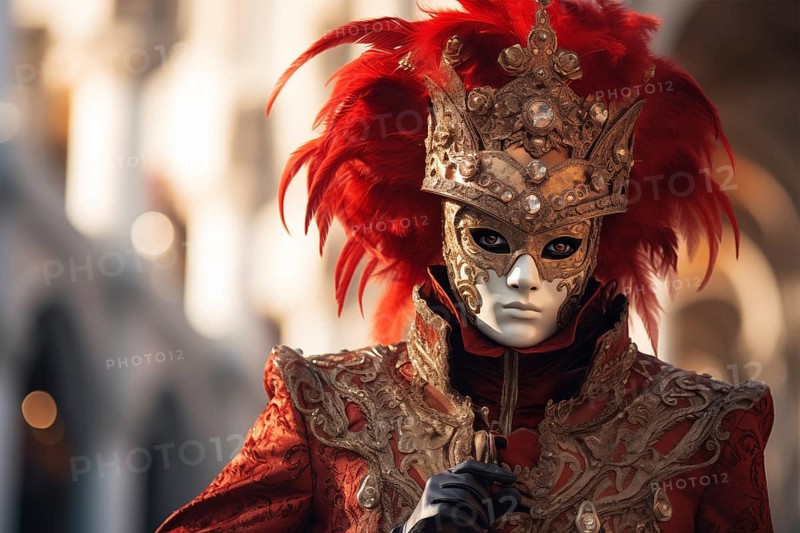 A person adorned in a richly detailed and colorful carnival costume, complete with an elaborate mask, participates in the iconic Venice Carnival, AI generated