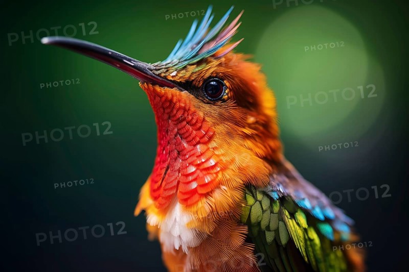 Stunning close-up captures the radiant colors and intricate details of a hummingbird, showcasing its vibrant feathers against a soft defocused background, AI generated
