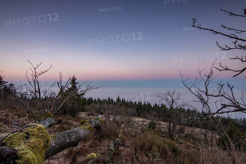 Landscape on the Grosser Feldberg, Taunus volcanic region. A cloudy, sunny winter day, meadows, hills, snow and forests with a view of the winter sunset. Hesse, Germany, Europe