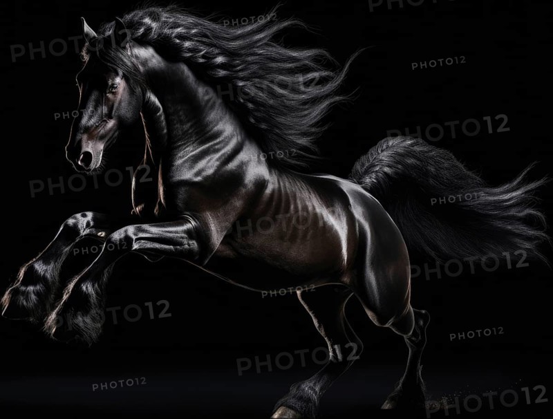Beautiful black stallion with flying mane on black studio background AI generated