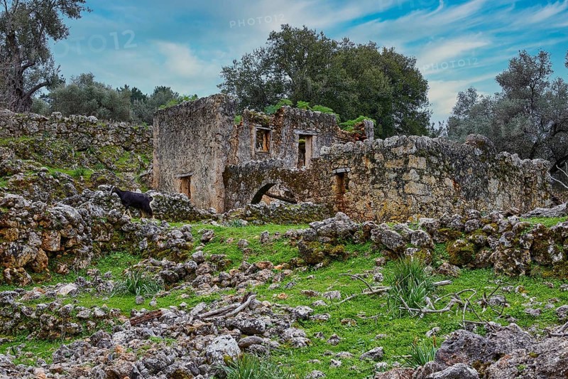 An ancient ruin in a rural landscape with olive trees and a cloudy sky, sky replaced, Aradena Gorge, Aradena, Sfakia, Crete, Greece, Europe
