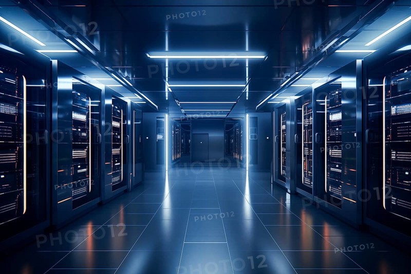 A modern data center with rows of server racks, high technology, artificial intelligence AI and data cloud computing computer systems storage and telecommunications, AI generated