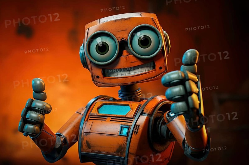 Orange robot showing a thumbs up gesture. The friendly robot has big round eyes and a friendly smile. Concept of artificial intelligence technology approval agreement, success, friendliness, AI generated