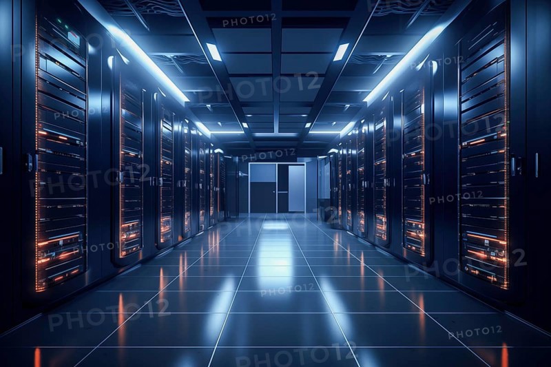 A modern data center with rows of server racks, high technology, artificial intelligence AI and data cloud computing computer systems storage and telecommunications, AI generated