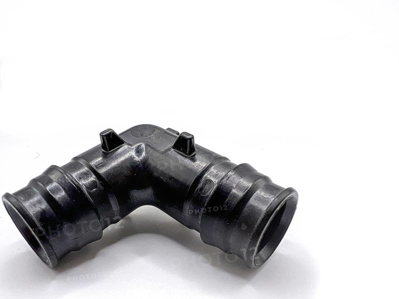 Black PVC pipe fittings isolated on white background. Black plastic water pipe. PVC accessories for plumbing. Plumber equipment. Bend and three way connection plastic pipe for water drain sewage