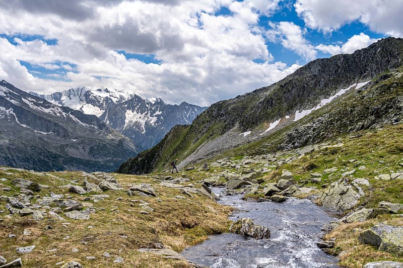 Mountaineers on a hiking trail, Berliner Hoehenweg, mountain panorama with glaciated mountain peaks, summit Hochfeiler and Hoher Weisszint, Zillertal Alps, Tyrol, Austria, Europe
