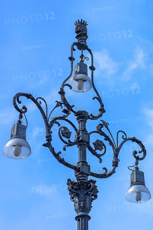 Historic street lamp in Piazza de Ferrari, blue sky, Genoa, Italy, Europe