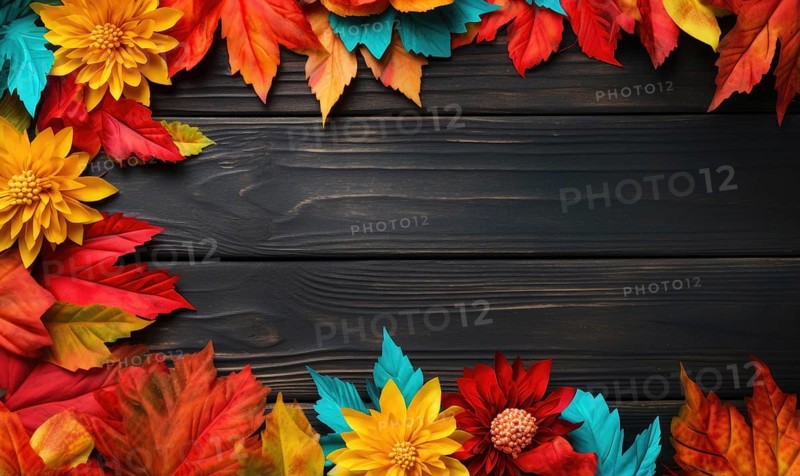 Vibrant autumn flowers and leaves bordering the top of a dark wooden background AI generated