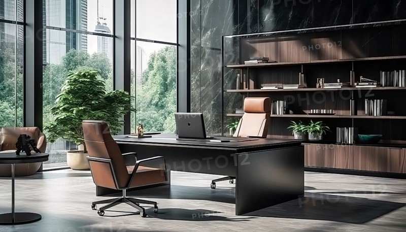 Sleek modern office with a panoramic window and an indoor plant, AI generated