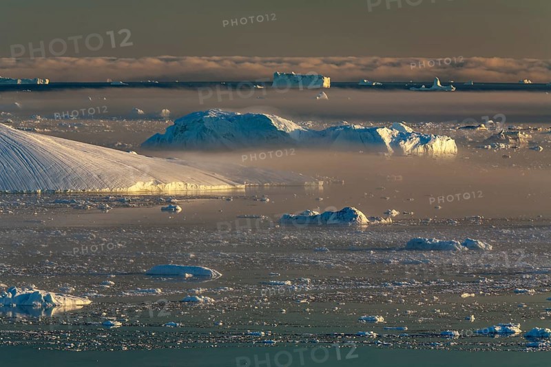 Icebergs in the fog, midnight sun, summer, Ilulissat Icefjord, Disko Bay, Jakobshavn Glacier, Greenland, North America
