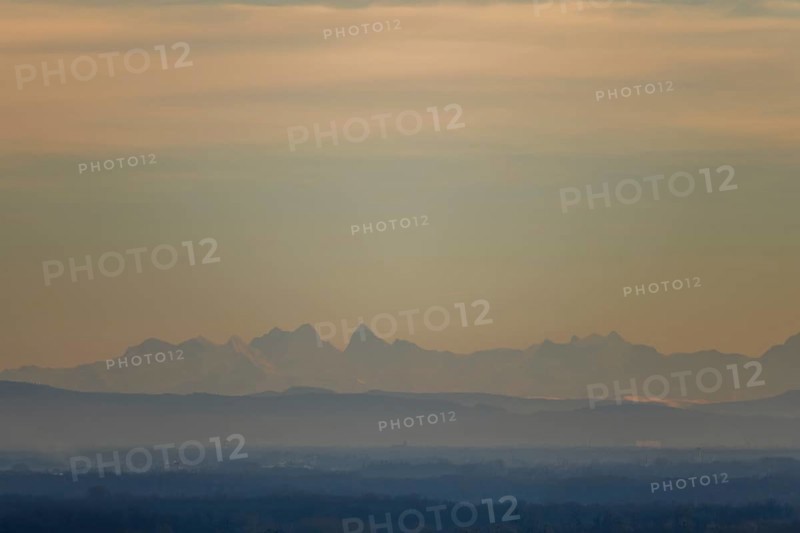 Silhouette of the Alps, seen from the Vosges mountains 200 km away. Bas-Rhin, Alsace, Grand Est, France, Europe