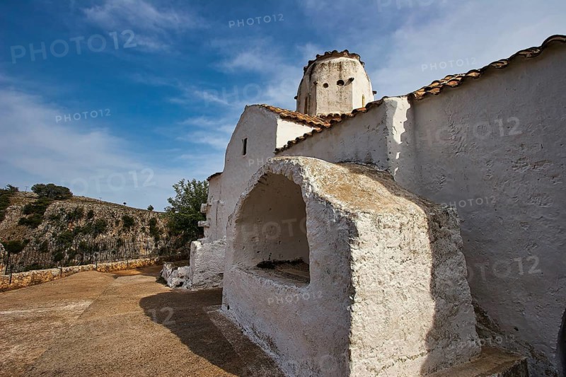 Church of St Michael the Archangel, cross-domed church, side view of a white church with clear blue sky in the background, Aradena Gorge, Aradena, Sfakia, Crete, Greece, Europe