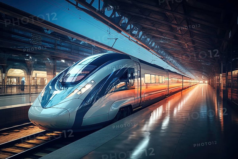 Modern high speed train in a futuristic train station. Modern transportation technology, speed, travel concepts. Railroad with motion blur effect, AI generated