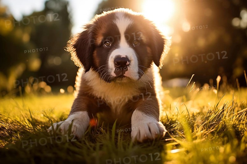 A curious cute Saint Bernard puppy with expressive eyes and floppy ears, exploring the outdoors on a sunny day, AI generated