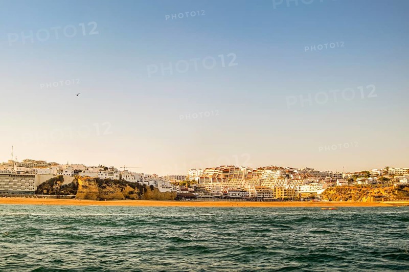 Albufeira with Fishermen Beach seen from the water, Algarve, south of Portugal