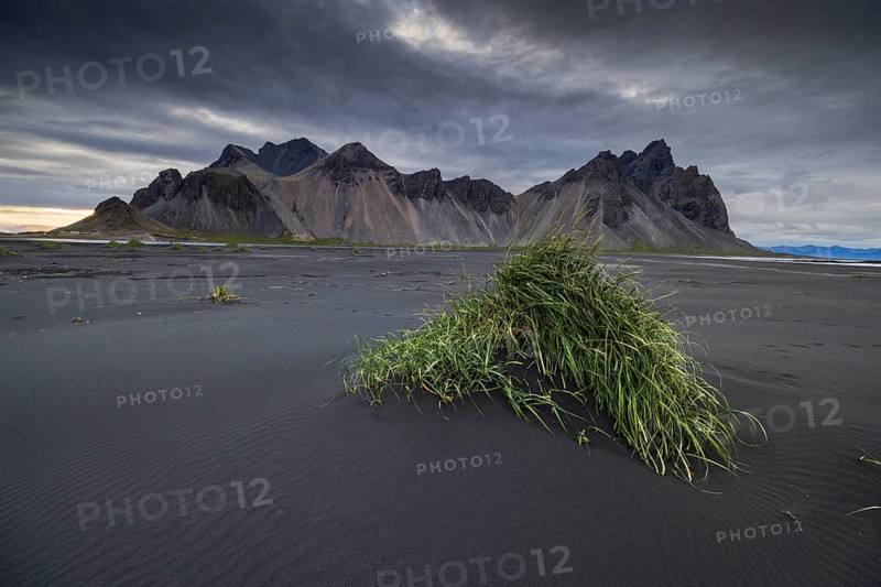 Vestrahorn, mountains with black lava sand, southern Iceland