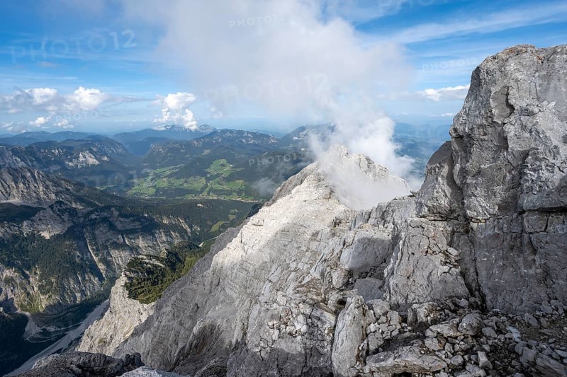 Rocky narrow mountain ridge with summit Watzmann Hochec, view from Watzmann middle summit to mountain panorama, Watzmann crossing, Berchtesgaden National Park, Berchtesgaden Alps, Bavaria, Germany, Europe