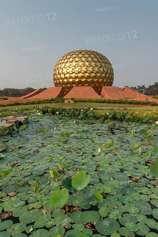 Lotus pond, meditation centre Matrimandir or Matri Mandir, future city Auroville, near Pondicherry or Puducherry, Tamil Nadu, India, Asia