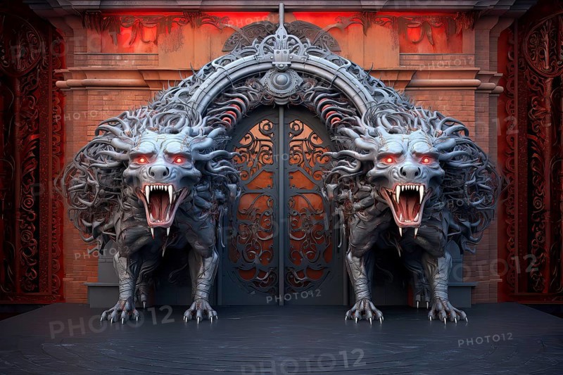 Cerberus guarding the gates of the underworld in the Greek mythology, AI Generated, AI generated