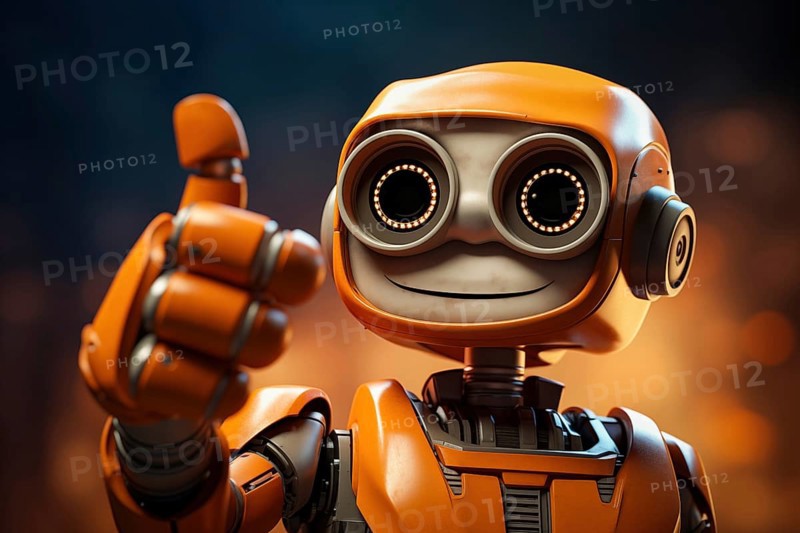 Orange robot showing a thumbs up gesture. The friendly robot has big round eyes and a friendly smile. Concept of artificial intelligence technology approval agreement, success, friendliness, AI generated