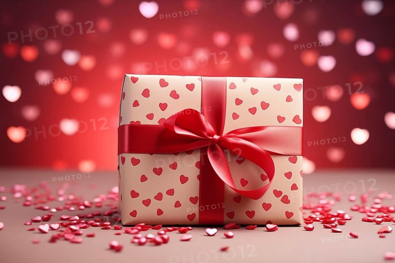 Valentine's Gift red gift box adorned with a soft pink ribbon, surrounded by heart-shaped confetti and a bokeh background. Feelings of love, affection, and surprise, AI generated