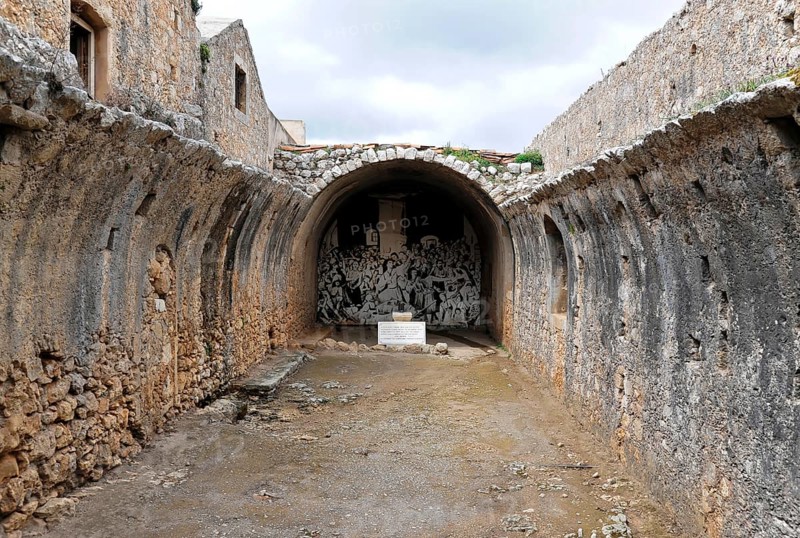 Gunpowder hall without roof, (blown away) monastery church, Arkadi Monastery, Moni Arkadi, national monument, Crete, Greece, Europe