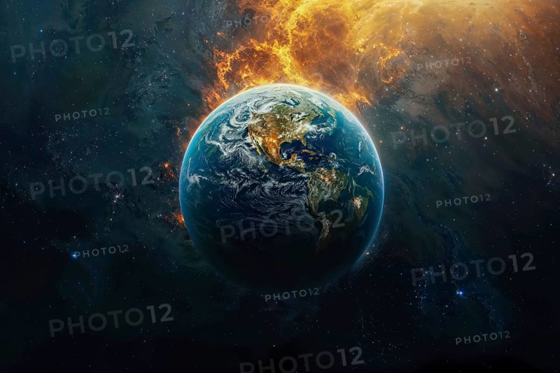 The earth in space, surrounded by the blazing heat of the dying sun, conveys a sense that everything is transient and the inexorability of the universe, AI generated, AI generated