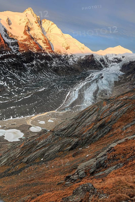 Glacier tongue in front of a mountain peak at sunrise, autumn, Pasterze and Grossglockner, Hohe Tauern National Park, Austria, Europe