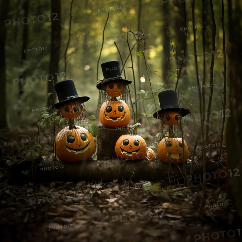 Mystical Halloween pumpkins with top hats in a dark forest, pumpkins with personality, AI-Generated & Photoshop, HobbyZone-Alpha, Haan, North Rhine-Westphalia, Germany, KI generiert, AI generated, Europe