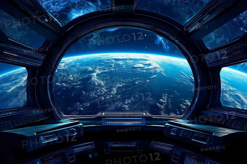 The Blue planet viewed from the window of a spaceship, AI Generated, AI generated