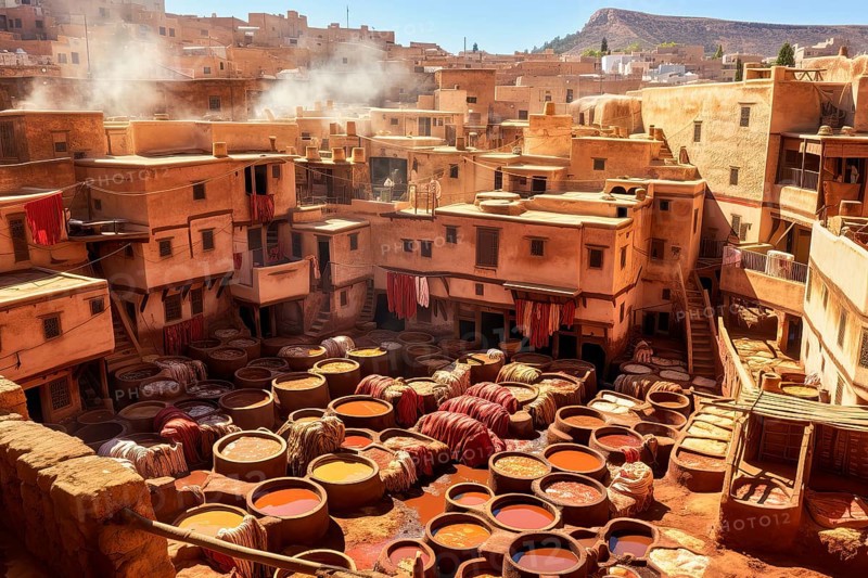 Drone view of the Chouara tannery, Fez, Morocco, AI Generated, AI generated, Africa