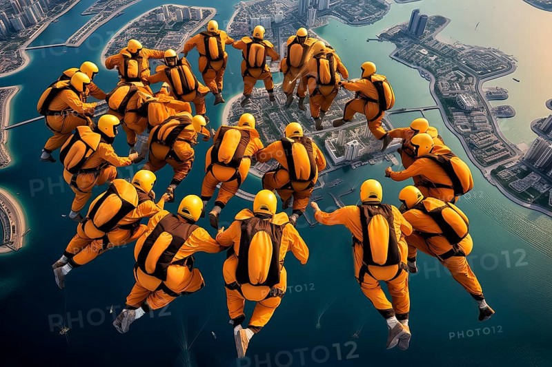 Skydivers flying in a rounded formation over Dubai, AI Generated, AI generated