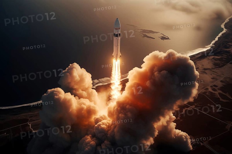 Aerial view of a rocket launch at sunrise sunset over an ocean coast. The rocket is blasting off with a trail of smoke and flames behind it, AI generated