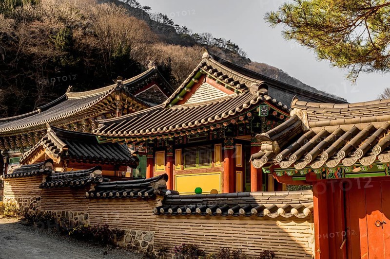 Buildings behind mud brick wall at Buddhist temple