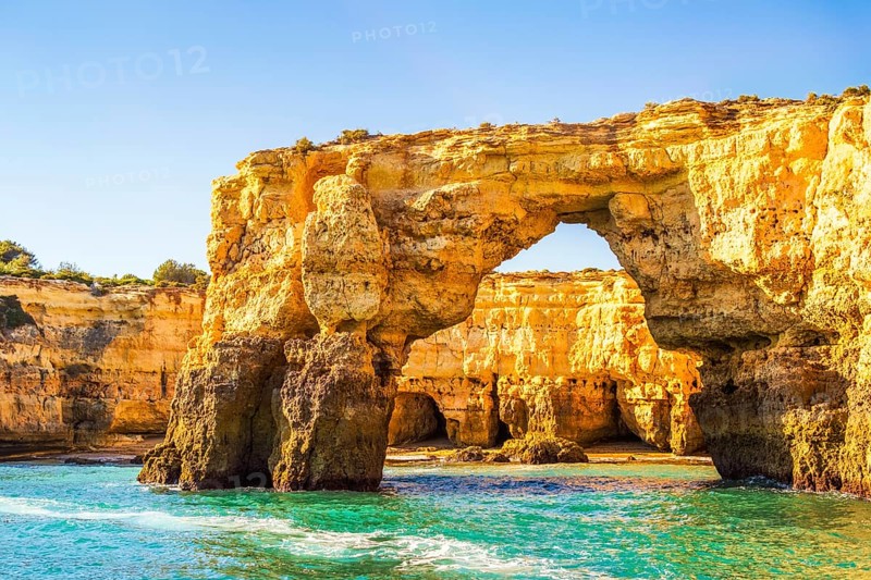 Beautiful limestone Algarve coast with caves and rock formation, Albufeira, south of Portugal