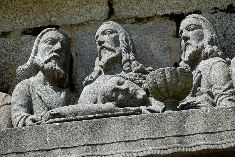 Stone relief detail of the Last Supper, Calvary Calvaire, enclosed parish of Enclos Paroissial de Pleyben from the 15th to 17th century, Finistere department, Brittany region, France, Europe