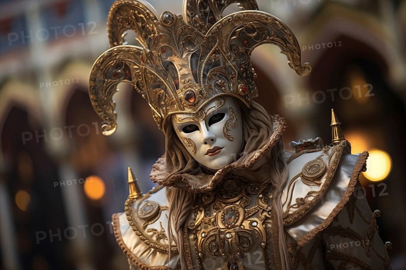 A person adorned in a richly detailed and colorful carnival costume, complete with an elaborate mask, participates in the iconic Venice Carnival, AI generated