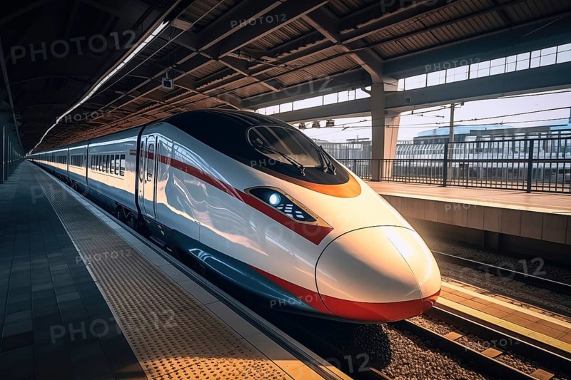 Modern high speed train in a futuristic train station. Modern transportation technology, speed, travel concepts. Railroad with motion blur effect, AI generated