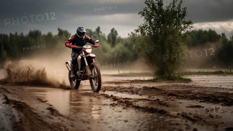 Motocross on an enduro motorcycle through mud and sand, a motorcyclist in gear and a helmet rides off-road, AI generated, AI generated