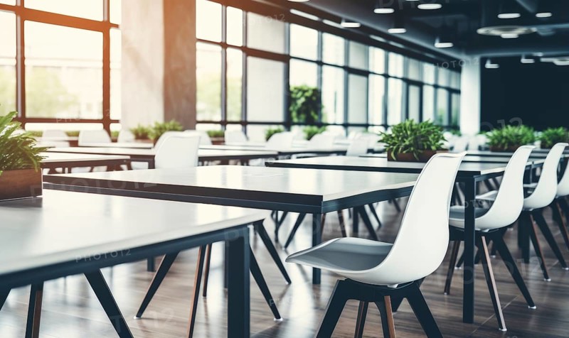 Contemporary, spacious cafeteria with white chairs and tables, complemented by indoor plants AI generated