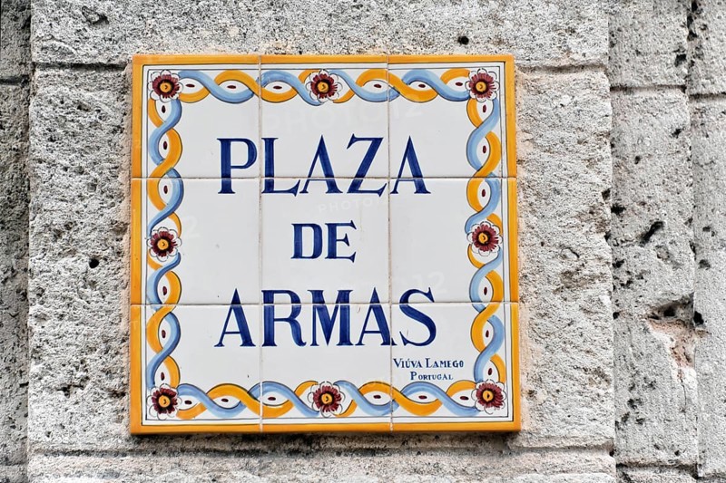 Street sign, tiles, Plaza de Armas, centre of Havana, Centro Habana, Cuba, Greater Antilles, Caribbean, Central America