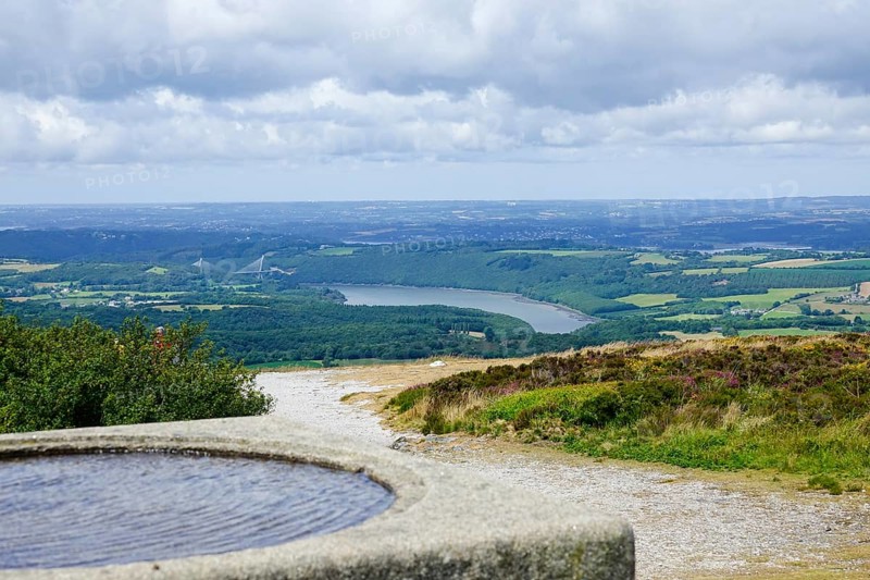 View of the river Aulne and the Pont de Terenez bridge from the summit of the 329 metre high Menez Hom mountain, Finistere department, Brittany region, France, Europe