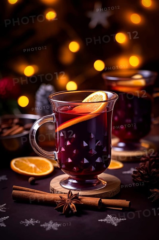 Two glasses of traditional mulled wine with orange and cranberry garnishes on a cozy Christmas table. The background is blurred with bokeh lights and candles, creating a warm and festive atmosphere, AI generated
