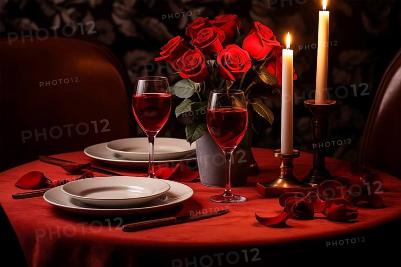 Table prepared for Valentine's Day dinner with red roses, and wine glasses filled, lit candles, and elegant tableware. The ambiance is warm and inviting, perfect for a loving celebration, AI generated