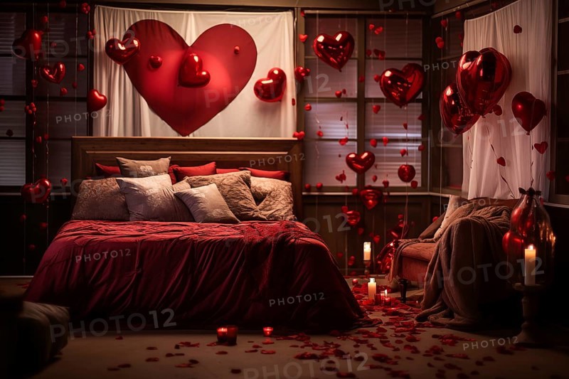 A cozy bedroom adorned with red and white heart-shaped balloons, rose petals, and candles creating a romantic atmosphere for Valentine's Day, AI generated