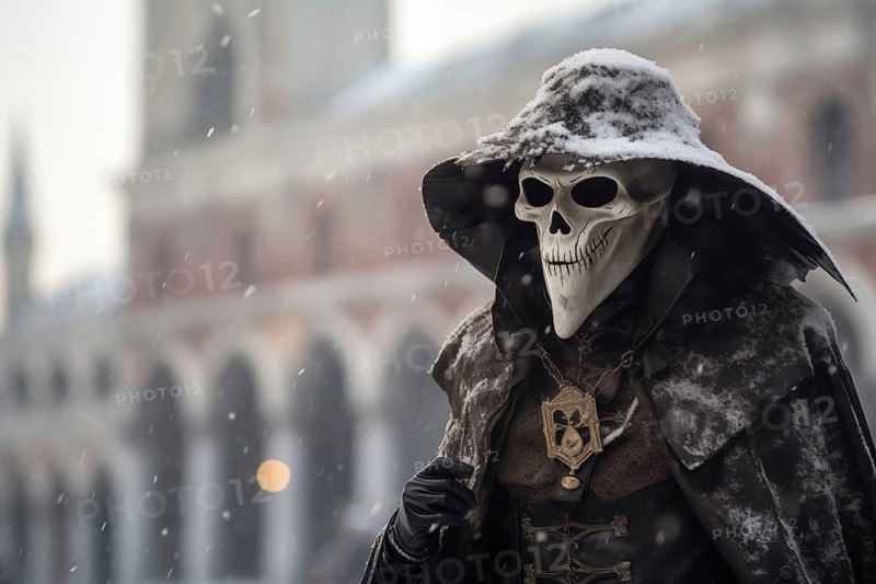 A person adorned in a richly detailed and colorful carnival costume in death mask, complete with an elaborate mask, participates in the iconic Venice Carnival with snowfall, AI generated