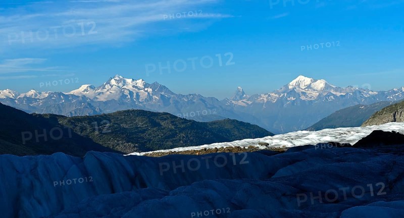 View from the Great Aletsch Glacier to the mountain chain of the Valais Alps with the peaks Alphubel, Mischabelhoerner, Matterhorn and Weisshorn, from left to right, UNESCO World Heritage Swiss Alps Jungfrau-Aletsch, Valais, Switzerland, Europe