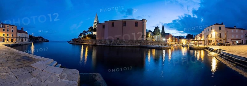 St. Anthony's Church and harbour, blue hour at dawn, panoramic view, Veli Losinj, Kvarner Bay, Croatia, Europe